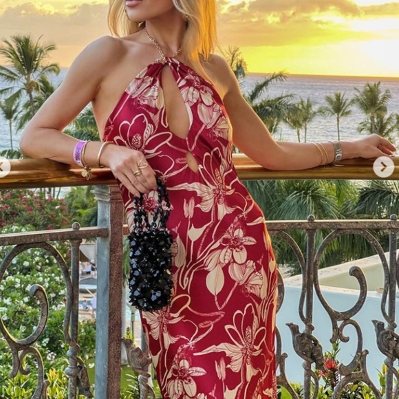 NWT Reformation Yesenia Silk Maxi Halter Dress - Las Dalias Red Floral - Picture 2 of 10